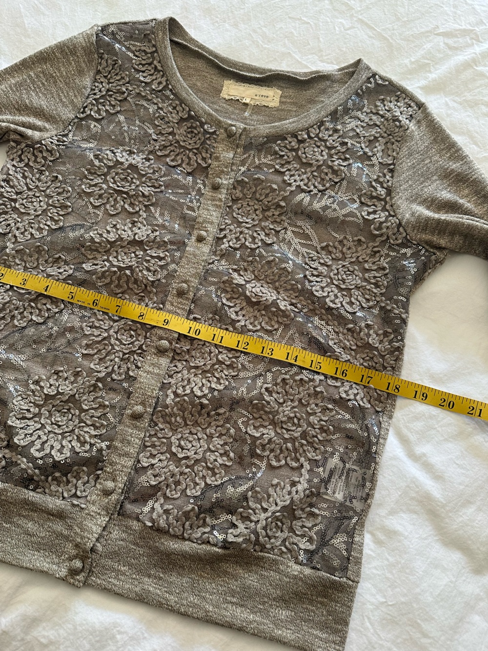 A'Reve Anthropologie taupe/gray sequin & lace cardigan, size large - Picture 9 of 13